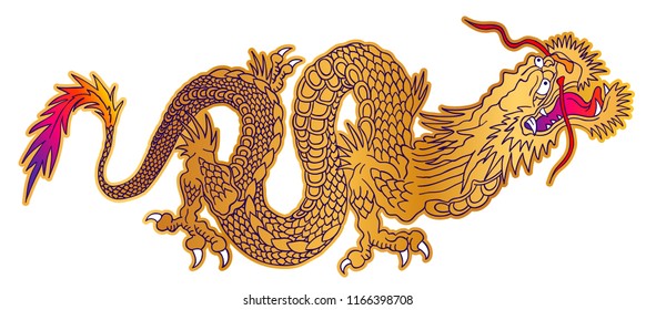 Vector illustration of a chinese golden dragon. Tattoo with golden japanese dragon.