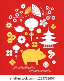 Vector illustration, Chinese happy new year 2019 pig, chinese paraphernalia on background