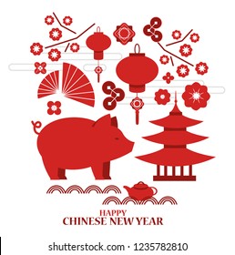 Vector illustration, Chinese happy new year 2019 pig, chinese paraphernalia on background