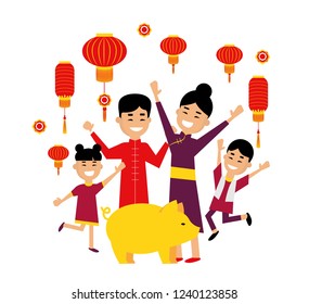 Vector illustration, Chinese happy new year 2019 pig, chinese paraphernalia on background