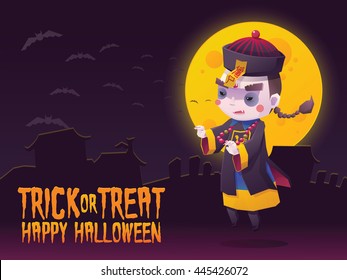 Vector Illustration of Chinese Hopping Vampire Ghost for Halloween Trick or Treat Greeting Card
