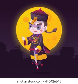 Vector Illustration of Chinese Hopping Vampire Ghost with Jumping Stick for Halloween on Full Moon Background, Cute Character
