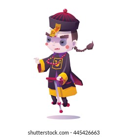 Vector Illustration of Chinese Hopping Vampire Ghost with Jumping Stick for Halloween on White Background, Cute Character

