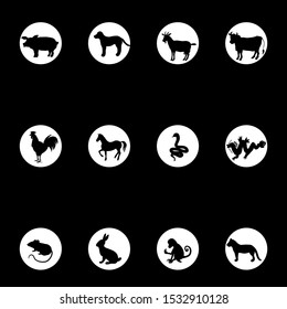 Vector illustration of chinese horoscope symbols.Black animals silhouettes on white background.Isolated elements.Set

