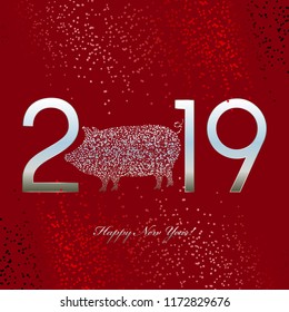 Vector illustration of Chinese horoscope. The year of the yellow pig. Silver stars on a red abstract background. Happy New Year 2019!