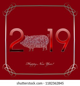 Vector illustration of Chinese horoscope. The year of the yellow pig. Happy New Year 2019! Silver stars on a red background.