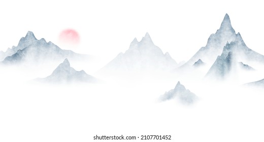 Vector illustration of a Chinese ink landscape painting on beautiful vintage paper in a modern design.