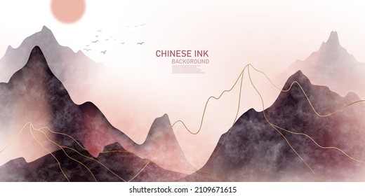 Vector illustration of Chinese ink landscape painting on antique paper with elegant golden lines in modern design.