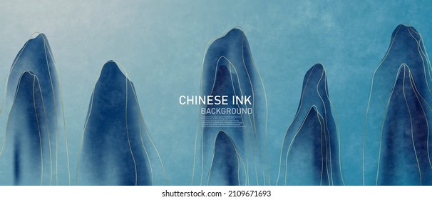 Vector illustration of Chinese ink landscape painting on antique paper with elegant golden lines in modern design.