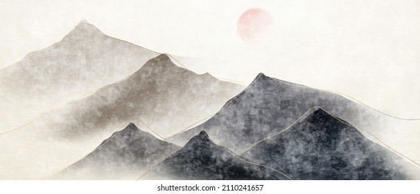 Ilustración vectorial de la pintura del paisaje de tinta china sobre papel antiguo con elegantes líneas doradas en diseño moderno.