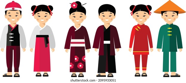  Vector illustration of chinese, japanese children, boy, girl.
Set of  chinese, japanese people dressed in national costumes.
