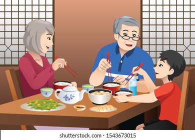 A vector illustration of Chinese Kid Eating With His Grandparents 