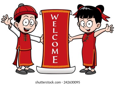 Vector Illustration of Chinese Kids with Welcome sign