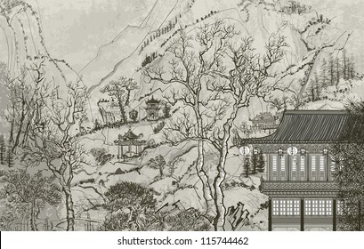 Vector Illustration Of A Chinese Landscape In The Style Of Old Chinese Painting