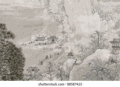 Vector Illustration Of A Chinese Landscape In The Style Of Old Chinese Painting