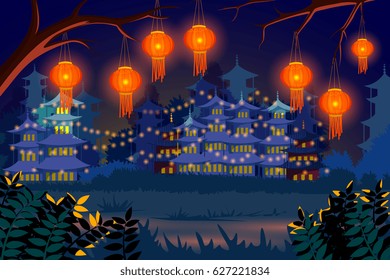 vector illustration of Chinese lantern floating in night sky