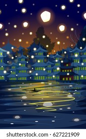 vector illustration of Chinese lantern floating in night sky
