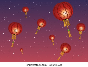 Vector illustration. Chinese lanterns against the sunset and the stars.