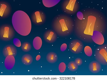 Vector illustration. Chinese lanterns and balloons in the night sky and stars.
