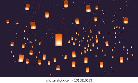 Vector illustration of chinese lanterns in the blue sky