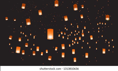 Vector illustration of chinese lanterns in the dark sky