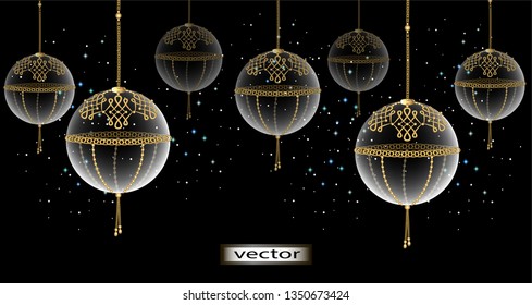 Vector illustration of Chinese lanterns hanging glass shining balls of light, in the dark magic, fairy lighting holiday atmosphere