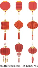 Vector Illustration Chinese Lanterns. Japanese Asian New Year Red Lamps Festival Traditional Realistic Element Vector Asia Religion Symbol. Chinese New Year Red Lanterns Collection Set, 