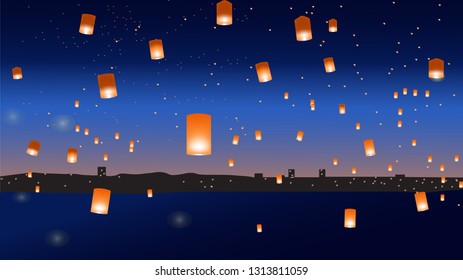 Vector illustration with chinese lanterns over the city