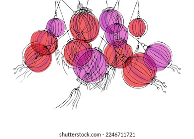 ilustración vectorial con linternas chinas para afiches, postales, banner. Linternas rojas dibujadas a mano. Impresión de camisetas
