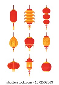 Vector illustration of Chinese lanterns set on white background. Traditional red lantern-lights collection, celebration decorations. China culture concept.