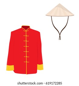 Vector illustration Chinese man traditional costume, dress. Asian ethnic, national clothes.