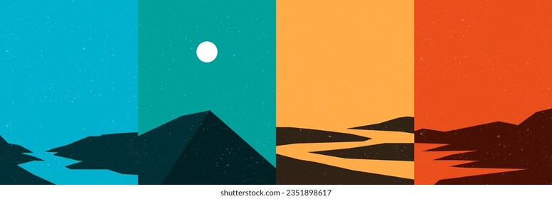 Vector illustration. Chinese mid century modern style. 70s retro graphic. Grunge texture. Minimalist landscape set. Abstract shapes. Design elements for postcard, book cover, magazine, flyer, poster