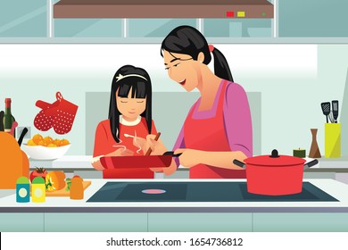 A vector illustration of Chinese Mother and Daughter Cooking in the Kitchen 