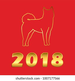 Vector illustration for Chinese New Year 2018 with golden dog and hand-sketching text "2018" on red background. Image for greeting card, postcard, invitation, logotype, banner template.