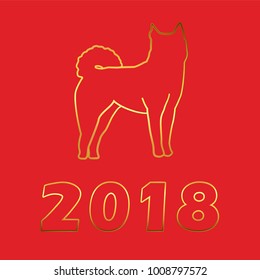 Vector illustration for Chinese New Year 2018 with contour of golden dog and hand-sketching text "2018" on red background. Image for greeting card, postcard, invitation, logotype, banner template.
