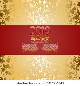 Vector illustration of Chinese New Year. Happy New Year 2019! Yellow pig on a red background. Golden stars. Fireworks
