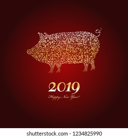 Vector illustration of Chinese New Year. Happy New Year 2019! Symbol yellow pig
