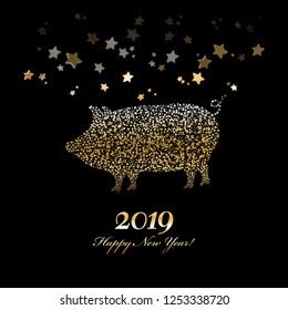 Vector illustration of Chinese New Year. The year of the yellow pig. Happy New Year 2019! Gold stars on a black background