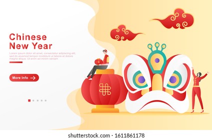 Vector illustration chinese new year. a man sits with a lantern on top of a giant lantern and a woman who is happy because of the lion head sculpture she made. 2 red china clouds. Flat cartoon style