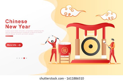 Vector illustration chinese new year. men and women happily funny beat gongs and drum for festival celebrations under the bright Chinese clouds. for homepage, UI UX, header, flyer. Flat cartoon style