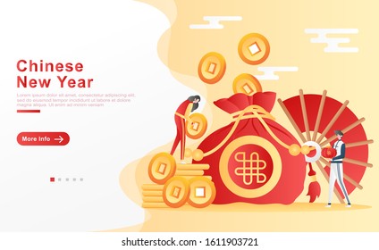 Vector illustration chinese new year. women are putting coins / money into sacks and men carrying lanterns next to big fans, lion dance. for homepage, UI UX, header, flyer, apps. Flat cartoon style