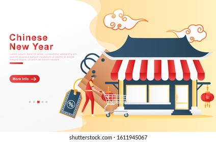 Vector illustration chinese new year. Men with happily go to the Chinese temple theme store for shopping. cloud concept, bag with a discount label. for homepage, UI UX, header, app. Flat cartoon style