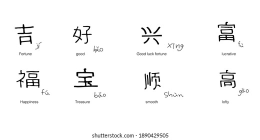 Vector illustration of Chinese new year greetings Eight word character handwriting. Children's handwriting practice on isolated white background.