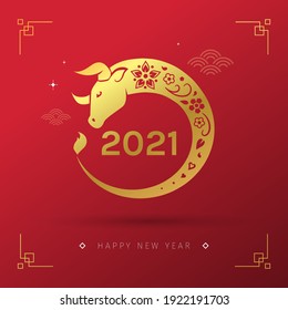 Vector illustration for Chinese New Year 2021 holiday with golden circle stylized Ox symbol on red background. Happy New Year