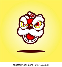 vector illustration Chinese New Year lion head dance icon on a yellow background ,Flat illustration