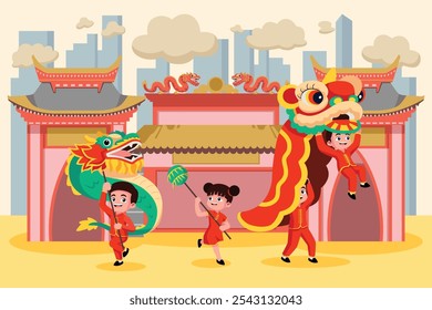 A vector illustration of Chinese New Year Lion Dance Celebration