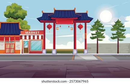 Vector Illustration of Chinese New Year celebration with red lanterns in the village