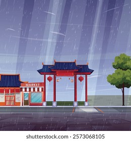 Vector Illustration of Chinese New Year celebration with red lanterns in the village