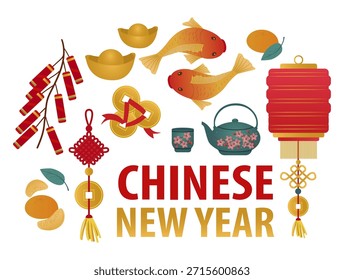 Ilustración vectorial de símbolos chinos del Año Nuevo con linternas, petardos, lingotes de oro, naranjas y peces koi. Ideal para proyectos culturales y de diseño festivo.