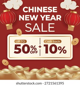 Vektorgrafik des chinesischen Banners für den Neujahrsverkauf mit "Bis zu 50 % Rabatt" und "10 % Cash Back". Festliches Design mit Goldbarren, roten Laternen und fallenden Münzen.